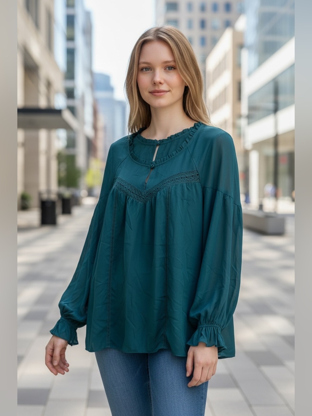 NWT Zac & Rachel Teal Blouse XXL Lace-Yoke Peasant 2X
